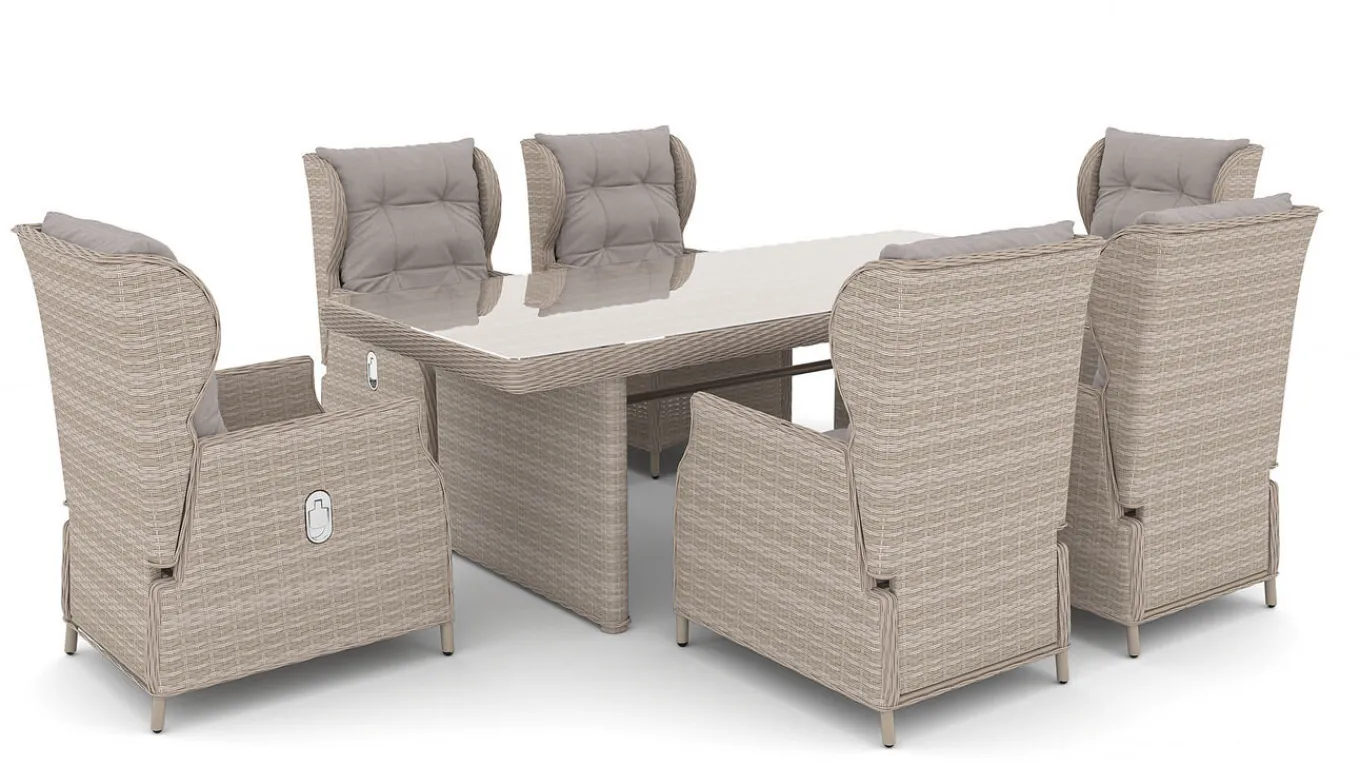 Bariya L Garten-Essgruppe, beige, Polyrattan, Tisch inkl. 6 Dining Sessel & Auflagen, verstellbar Polyrattan-Gartenmöbel|Garten-Essgruppen