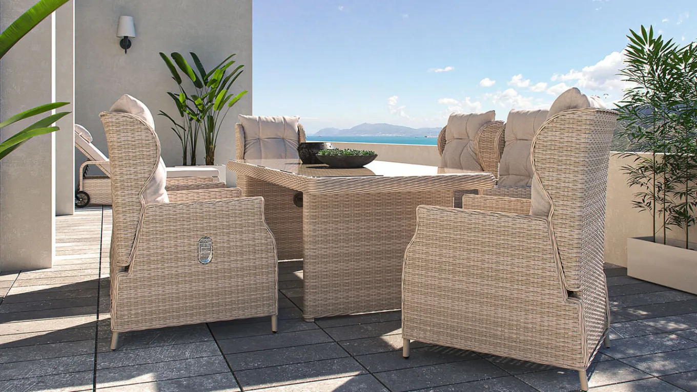 Bariya L Garten-Essgruppe, beige, Polyrattan, Tisch inkl. 6 Dining Sessel & Auflagen, verstellbar Polyrattan-Gartenmöbel|Garten-Essgruppen