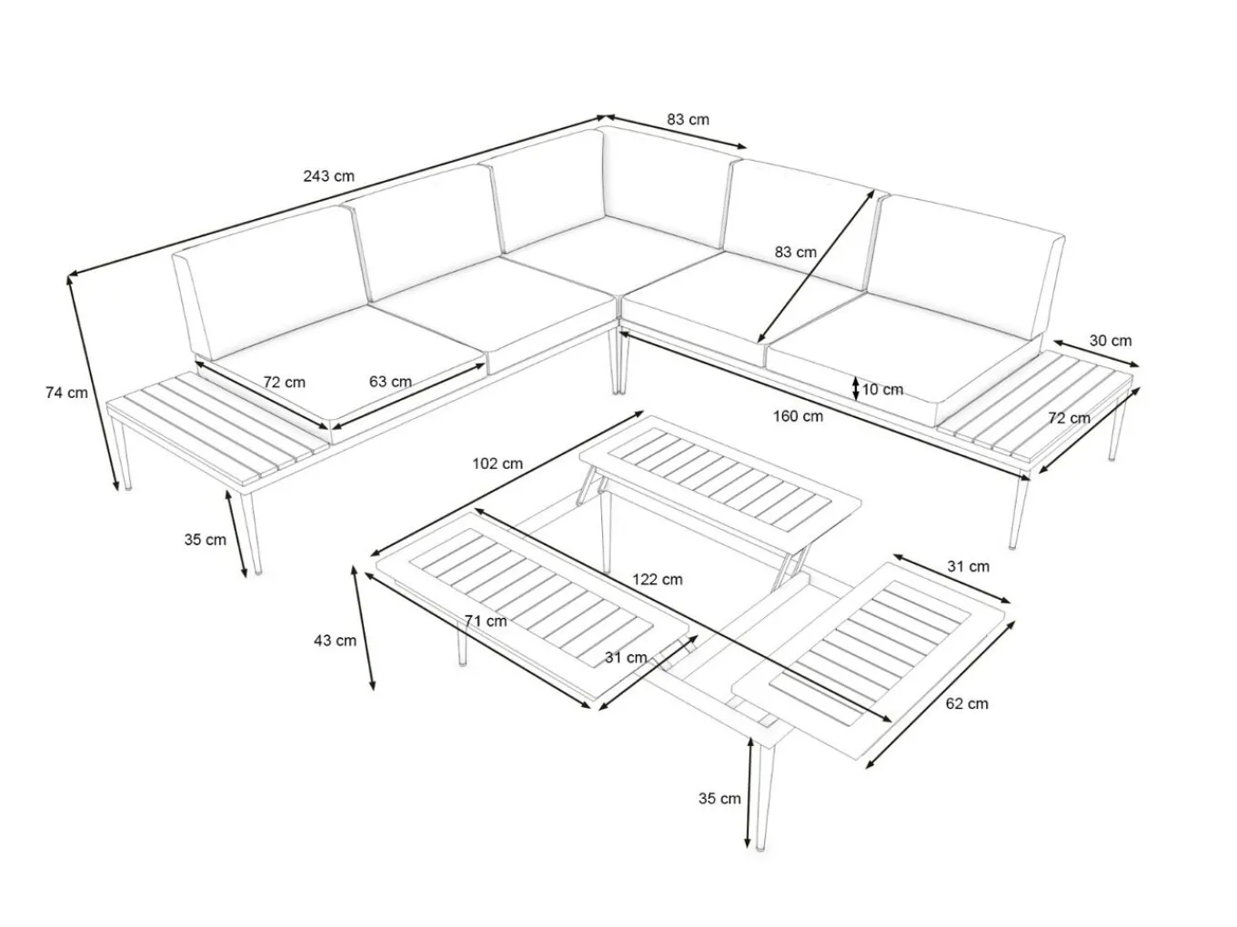 Hot Basso Gartenlounge für 5 Personen, grau/naturbelassen, Edelstahl/Rope, verstellbarer Tisch, inkl. Polster und Kissen Gartenlounge|Edelstahl-Gartenmöbel
