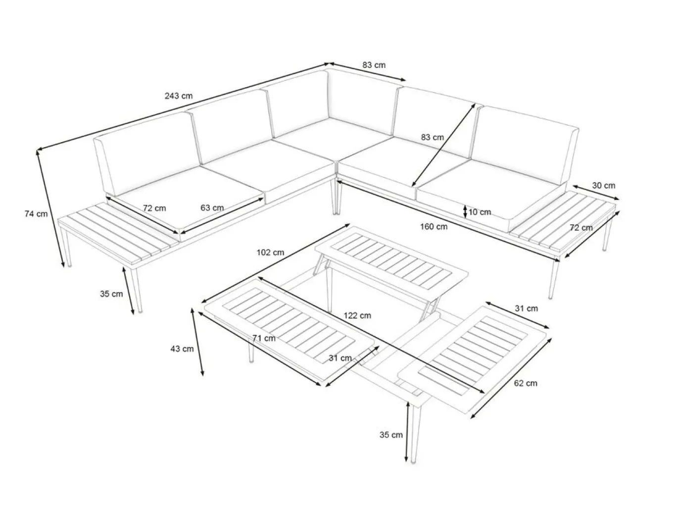 Hot Basso Gartenlounge für 5 Personen, grau/naturbelassen, Edelstahl/Rope, verstellbarer Tisch, inkl. Polster und Kissen Gartenlounge|Edelstahl-Gartenmöbel