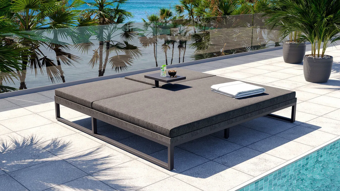 Sale Bellaco Outdoor Doppelliege, anthrazit, Alu/Polyacryl, inkl. Beistelltisch Gartenliegen|Aluminium-Gartenmöbel