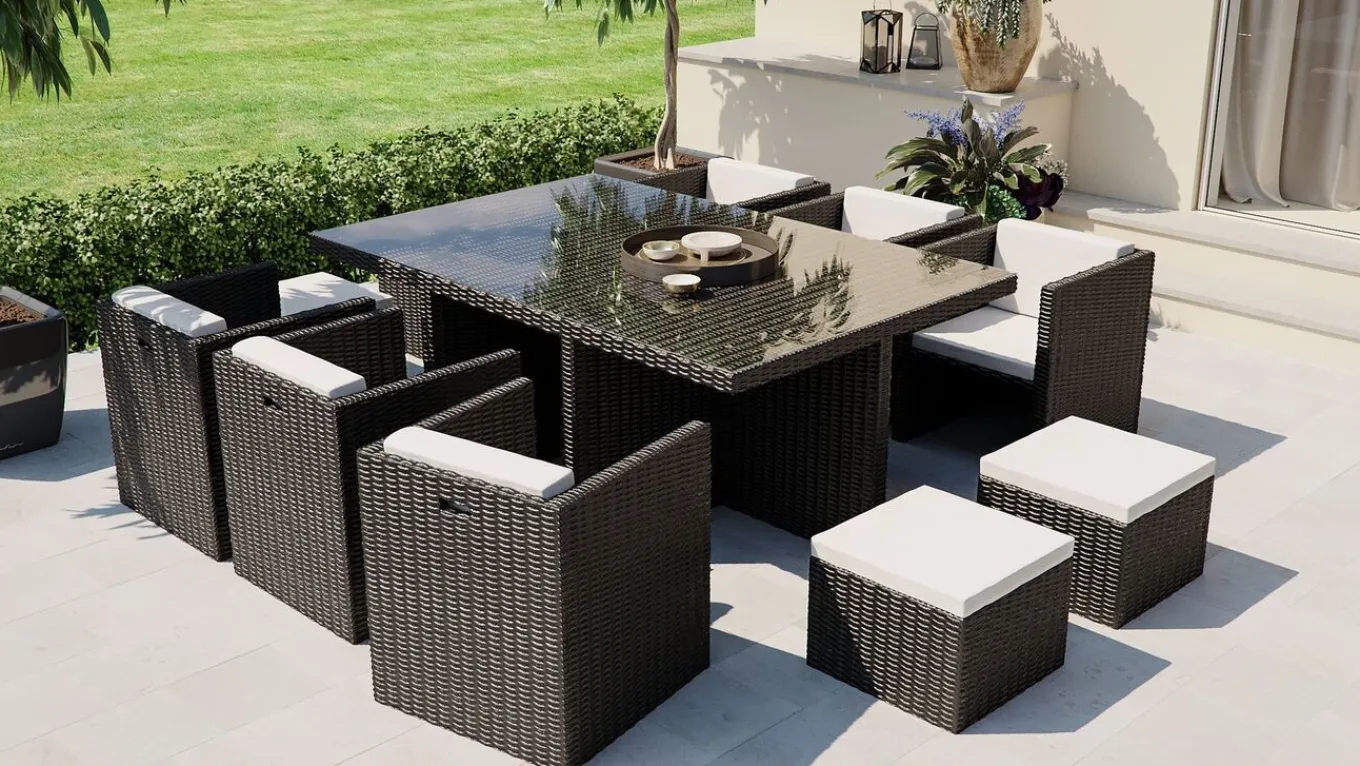 Best Boreas L Garten-Essgruppe mit 6 Sesseln, schwarz, Alu/Polyrattan, inkl. Kissen & 4 Hocker Garten-Essgruppen|Aluminium-Gartenmöbel