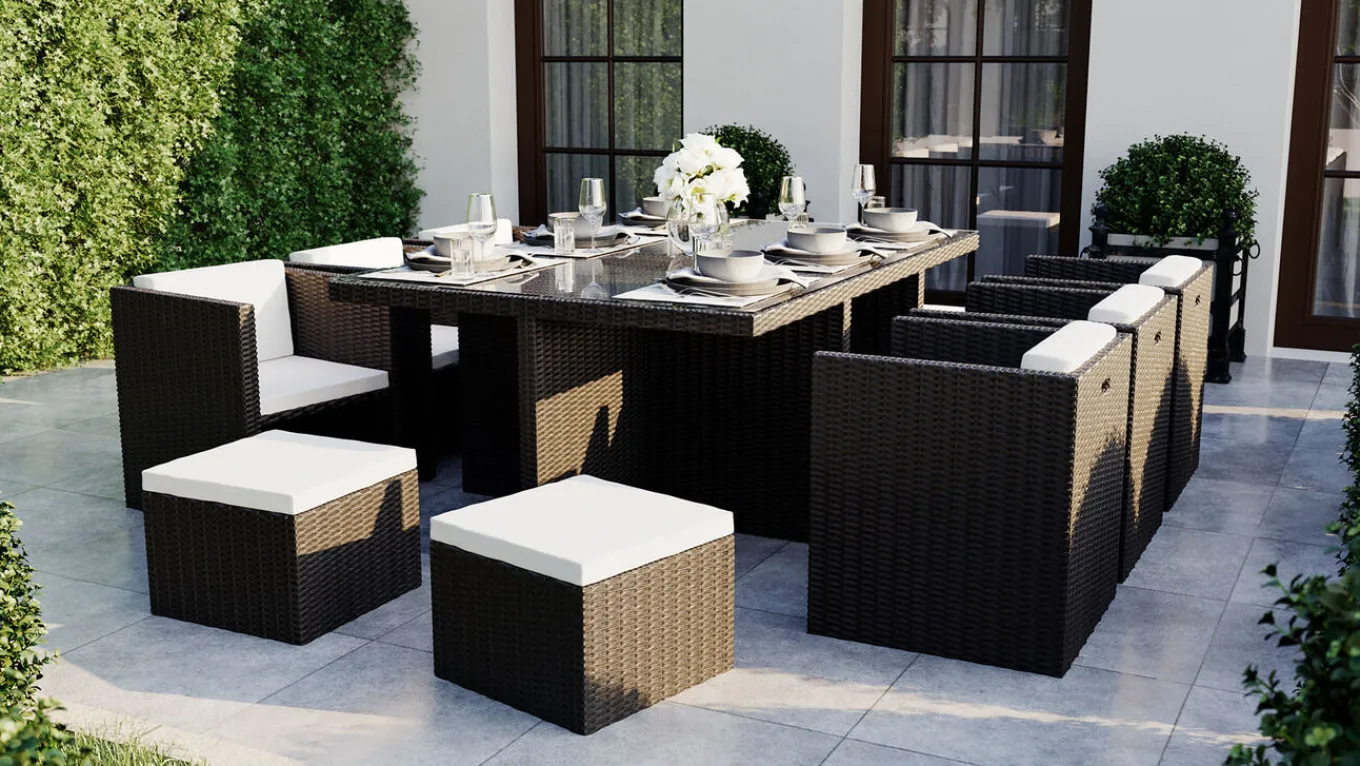 Best Boreas L Garten-Essgruppe mit 6 Sesseln, schwarz, Alu/Polyrattan, inkl. Kissen & 4 Hocker Garten-Essgruppen|Aluminium-Gartenmöbel