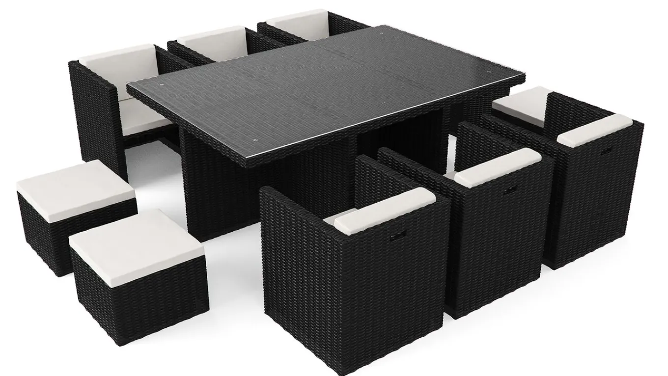 Best Boreas L Garten-Essgruppe mit 6 Sesseln, schwarz, Alu/Polyrattan, inkl. Kissen & 4 Hocker Garten-Essgruppen|Aluminium-Gartenmöbel
