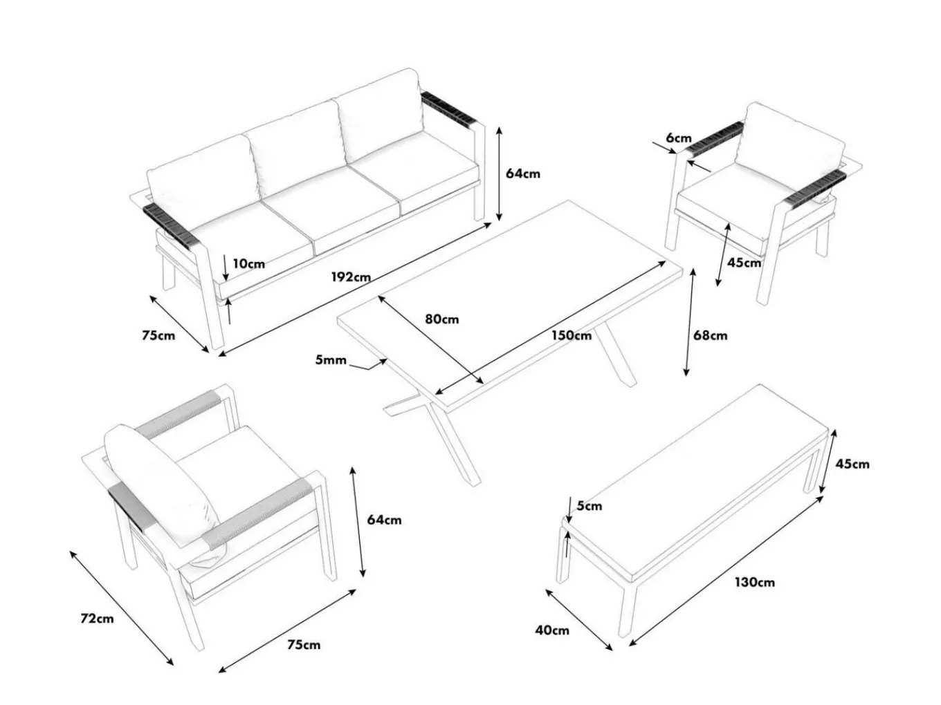 Discount Danni Gartenlounge für 5 Personen, weiß/grau, Aluminium, inkl. Polster, korrosions- und witterungsbeständig Gartenlounge|Aluminium-Gartenmöbel