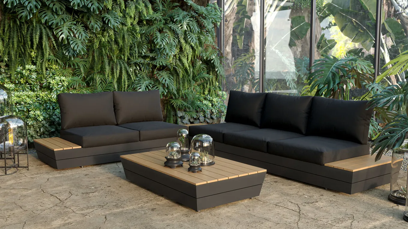 Online Delta Gartenlounge für 5 Personen mit Couchtisch, anthrazit/naturbelassen, Alu/Polywood, schmutzabweisend, inkl. Ablageflächen Gartenlounge|Aluminium-Gartenmöbel