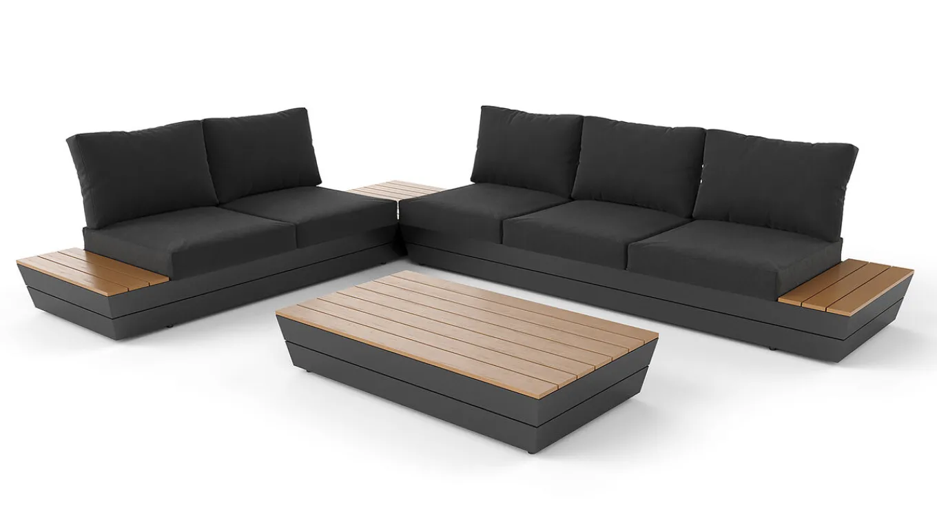 Online Delta Gartenlounge für 5 Personen mit Couchtisch, anthrazit/naturbelassen, Alu/Polywood, schmutzabweisend, inkl. Ablageflächen Gartenlounge|Aluminium-Gartenmöbel