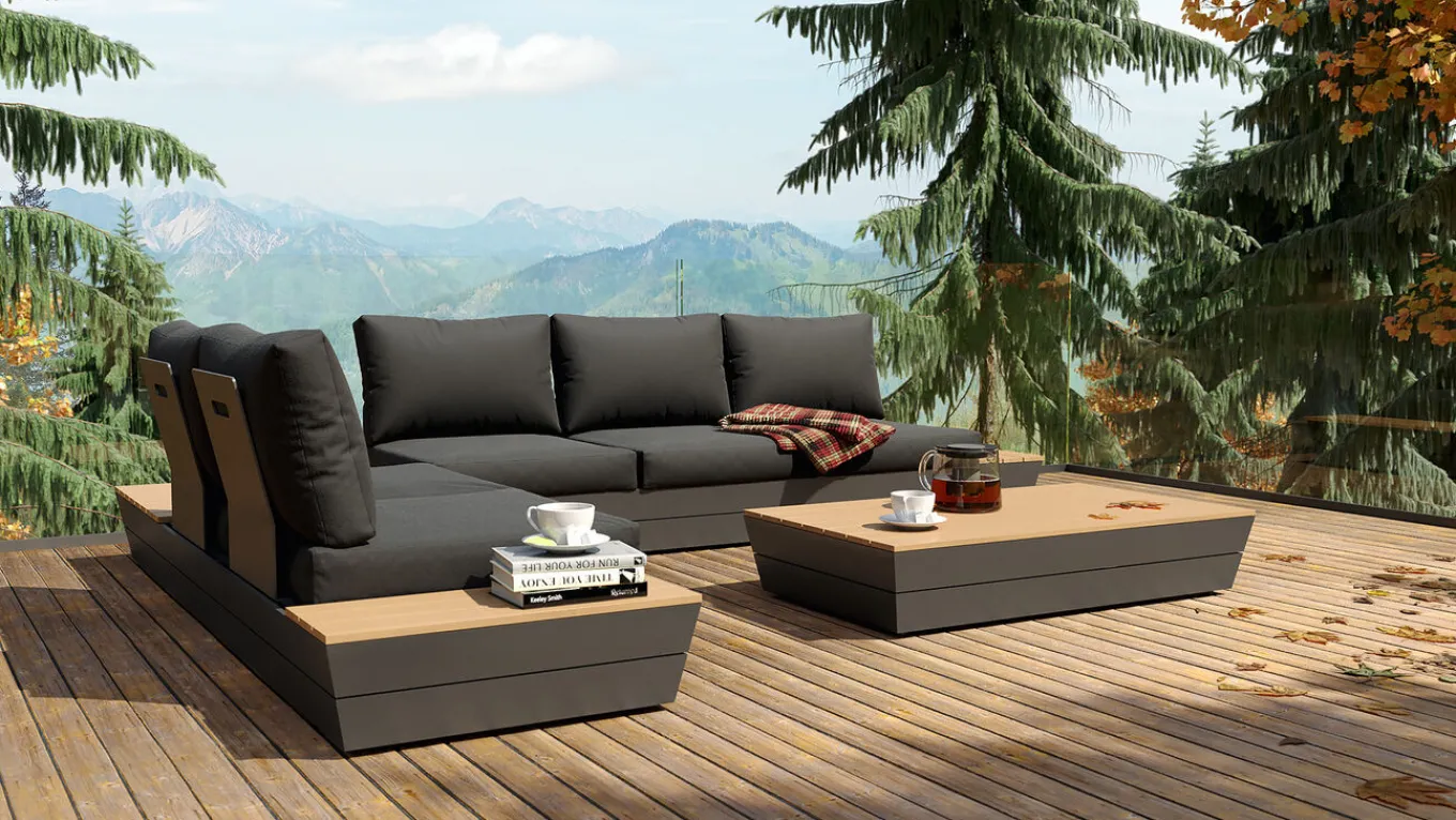 Online Delta Gartenlounge für 5 Personen mit Couchtisch, anthrazit/naturbelassen, Alu/Polywood, schmutzabweisend, inkl. Ablageflächen Gartenlounge|Aluminium-Gartenmöbel