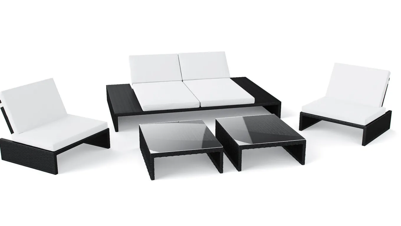 Outlet Estoria L Gartenlounge für 4 Personen, schwarz/weiß, Polyrattan/Glas, waschbare Bezüge, hohe Belastbarkeit Polyrattan-Gartenmöbel
