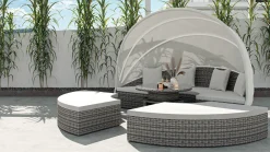 Online Hummel Plus Sonneninsel, grau/beige, Alu/Polyrattan, höhenverstellbarer Tisch, Sonnenschutz und Sichtschutz Gartenlounge|Aluminium-Gartenmöbel