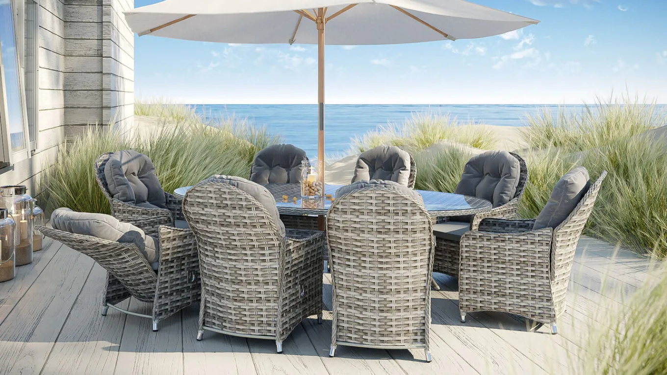 Online Livia Relax XL Garten-Essgruppe mit 8 Sesseln, grau, Polyrattan, ovaler Tisch, inkl. Kissen Garten-Essgruppen|Aluminium-Gartenmöbel