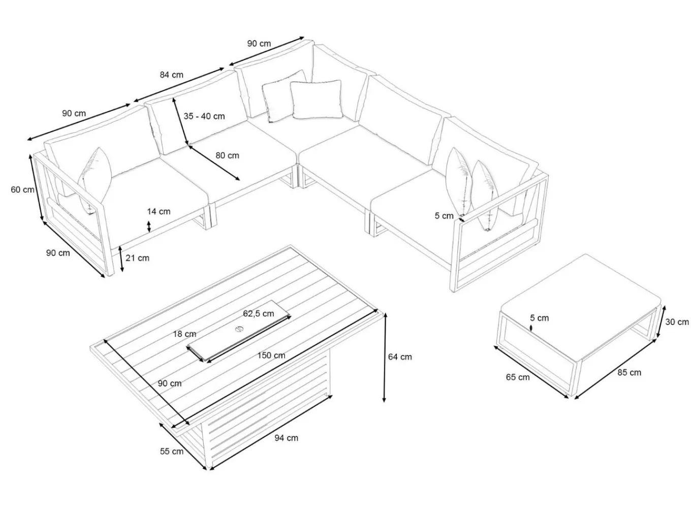 Outlet Matteo Corner Gartenlounge mit Feuertisch für 5 Personen, anthrazit/grau, Aluminium, inkl. Kissen & Hocker Gartenlounge|Aluminium-Gartenmöbel