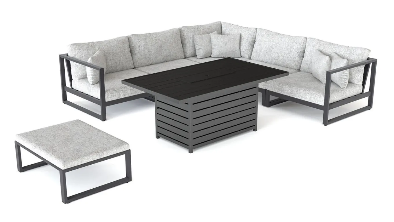 Outlet Matteo Corner Gartenlounge mit Feuertisch für 5 Personen, anthrazit/grau, Aluminium, inkl. Kissen & Hocker Gartenlounge|Aluminium-Gartenmöbel