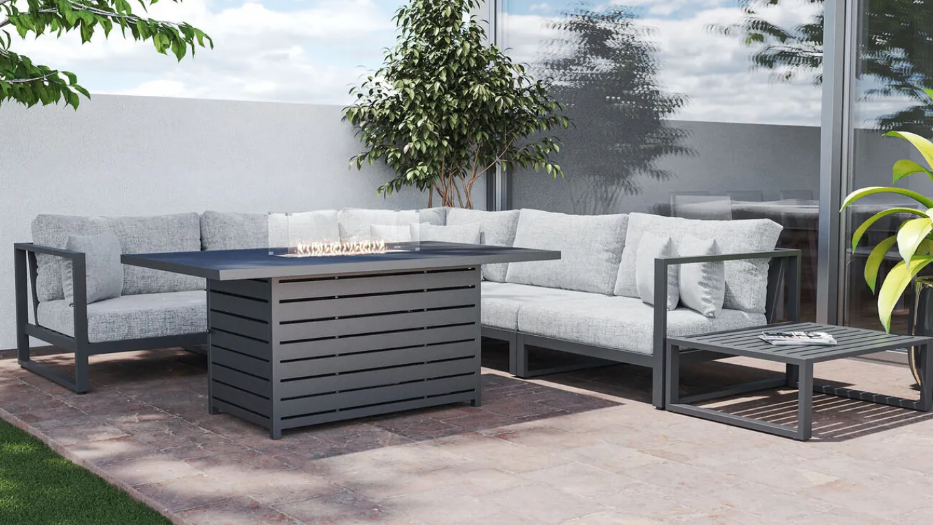 Outlet Matteo Corner Gartenlounge mit Feuertisch für 5 Personen, anthrazit/grau, Aluminium, inkl. Kissen & Hocker Gartenlounge|Aluminium-Gartenmöbel