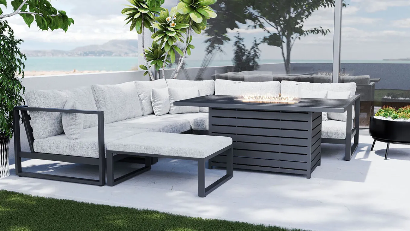 Outlet Matteo Corner Gartenlounge mit Feuertisch für 5 Personen, anthrazit/grau, Aluminium, inkl. Kissen & Hocker Gartenlounge|Aluminium-Gartenmöbel