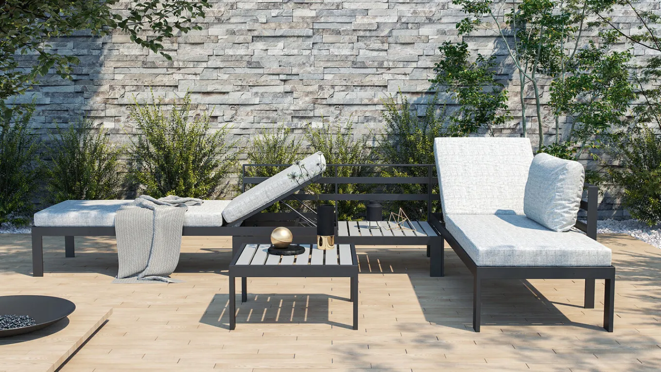 Clearance Meliya Gartenlounge, anthrazit/grau, Alu/Polywood, inkl. Kissen & Tisch, verstellbare Liegefunktion Gartenlounge|Aluminium-Gartenmöbel
