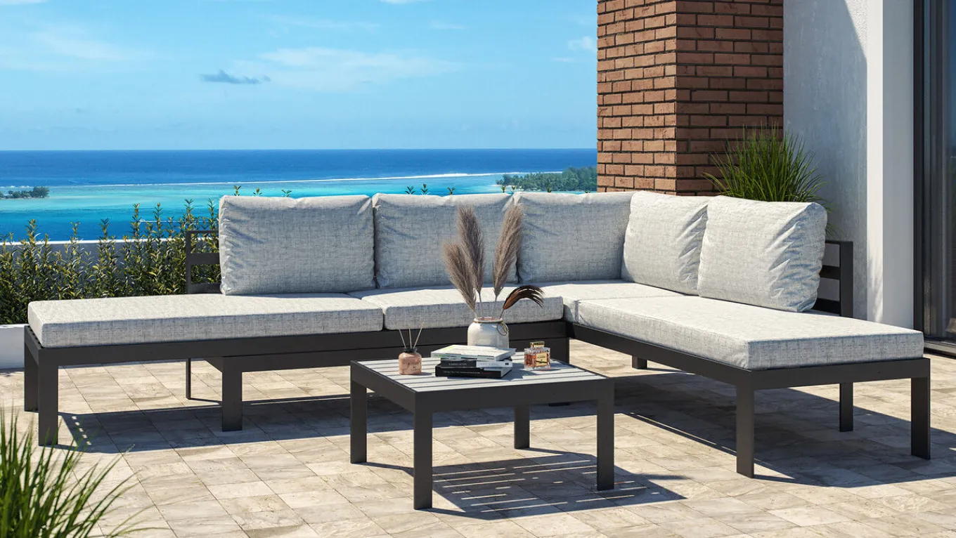 Clearance Meliya Gartenlounge, anthrazit/grau, Alu/Polywood, inkl. Kissen & Tisch, verstellbare Liegefunktion Gartenlounge|Aluminium-Gartenmöbel