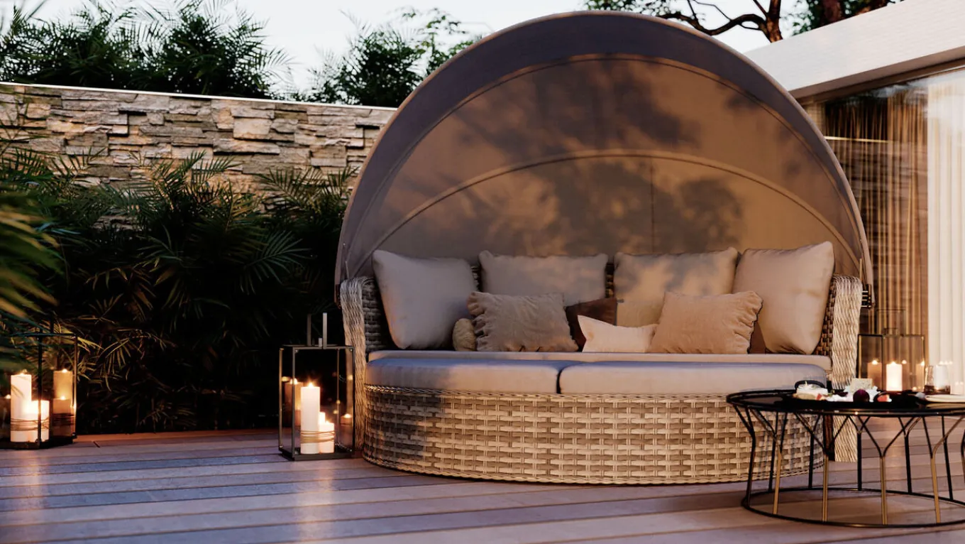 Online Oceana Sonneninsel, grau, Polyrattan/Polyacryl, mit Dach & drehbarem Hocker, Sonnenschutz und Sichtschutz Polyrattan-Gartenmöbel|Gartenliegen