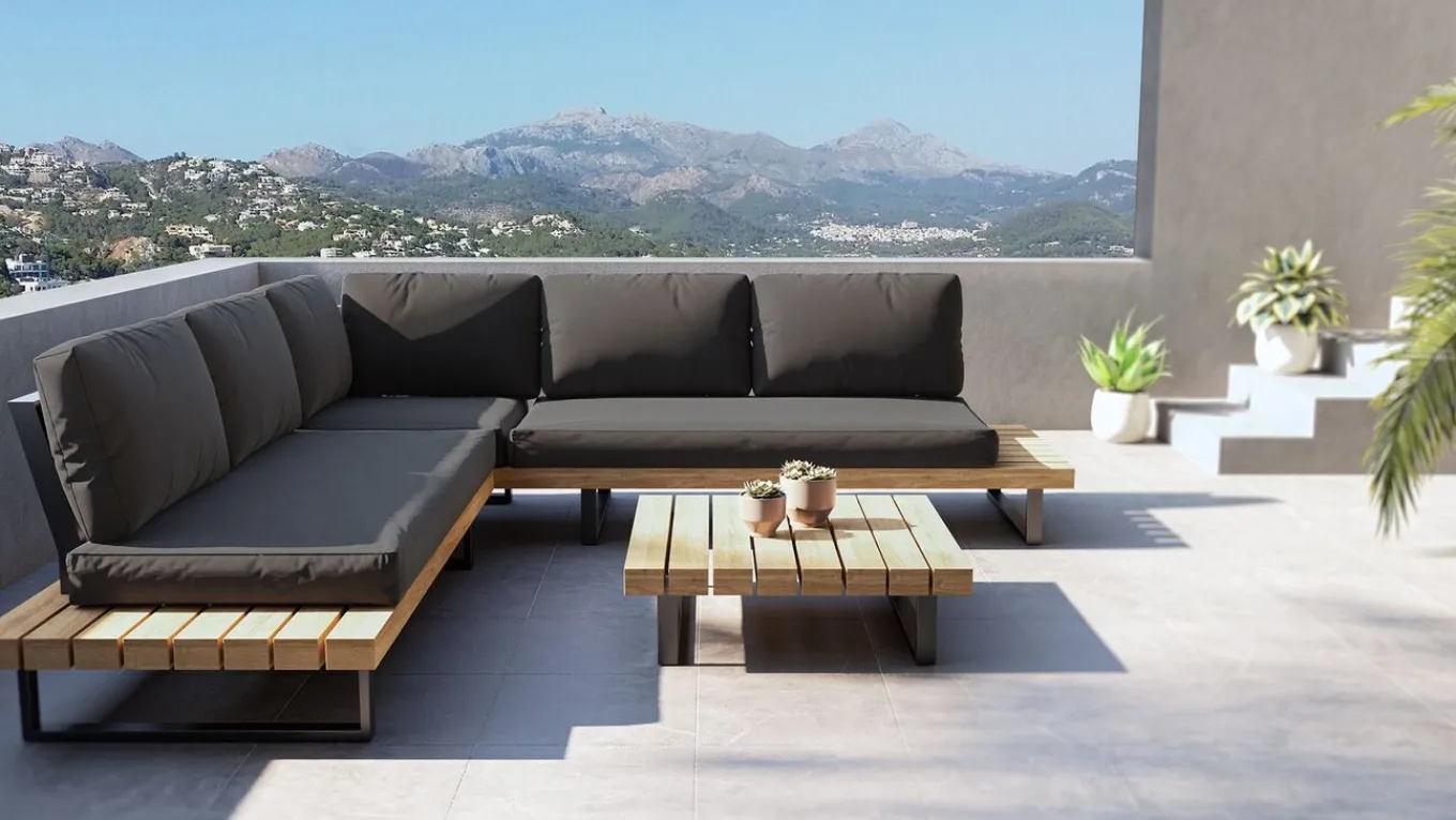 Discount Sedona M Gartenlounge für 5 Personen, anthrazit/naturbelassen, Aluminium/Akazie, inkl. Polster, robust & wetterfest Aluminium-Gartenmöbel