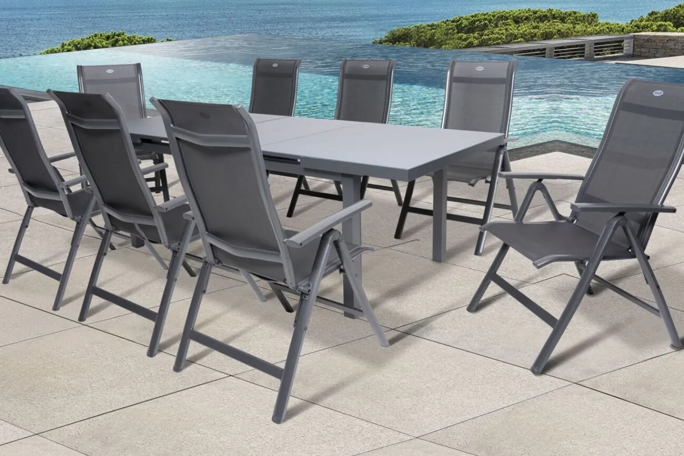 Clearance Alice Comfort Garten-Essgruppe, xerix, Alu/Textilene, Tisch 180/240x100cm, 8 Klappstühle Garten-Essgruppen