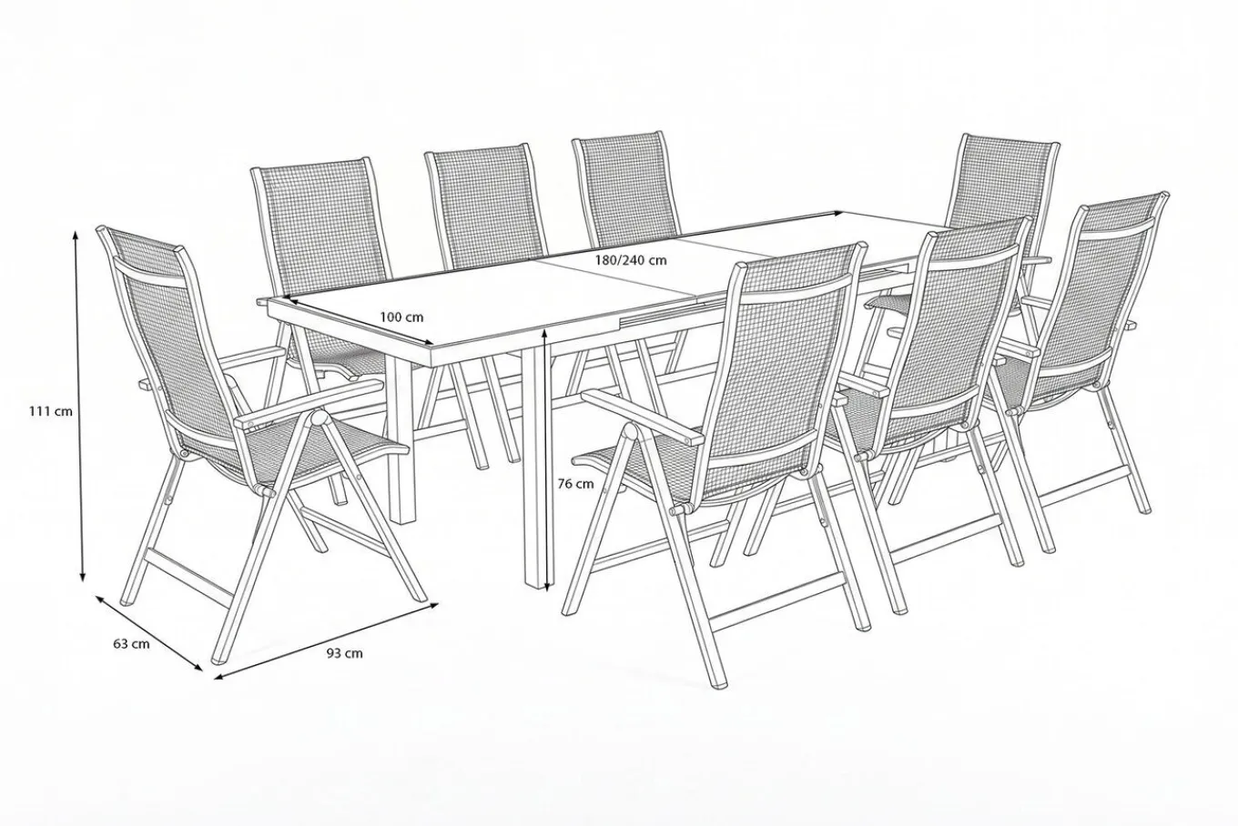 Clearance Alice Comfort Garten-Essgruppe, xerix, Alu/Textilene, Tisch 180/240x100cm, 8 Klappstühle Garten-Essgruppen