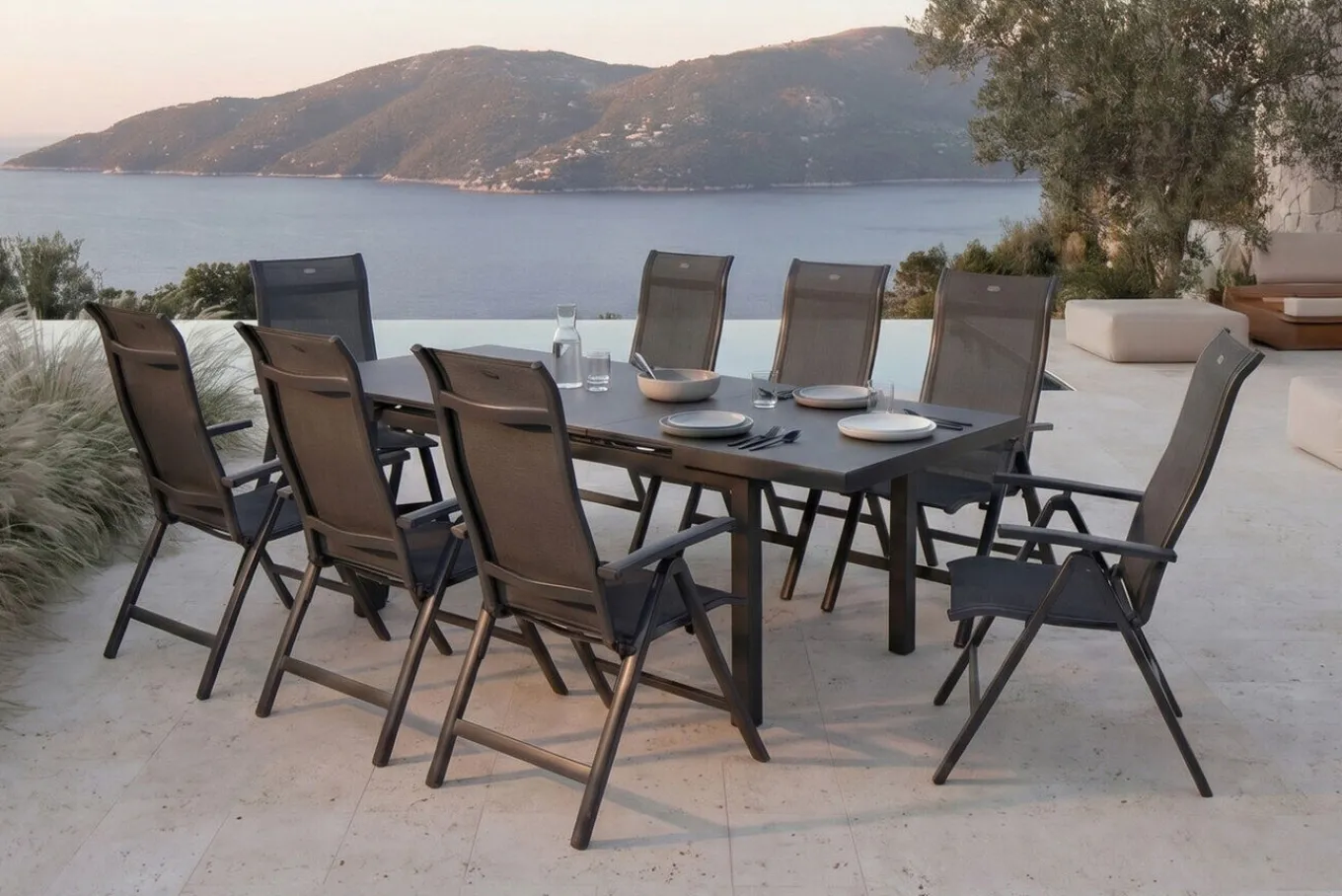 Clearance Alice Comfort Garten-Essgruppe, xerix, Alu/Textilene, Tisch 180/240x100cm, 8 Klappstühle Garten-Essgruppen