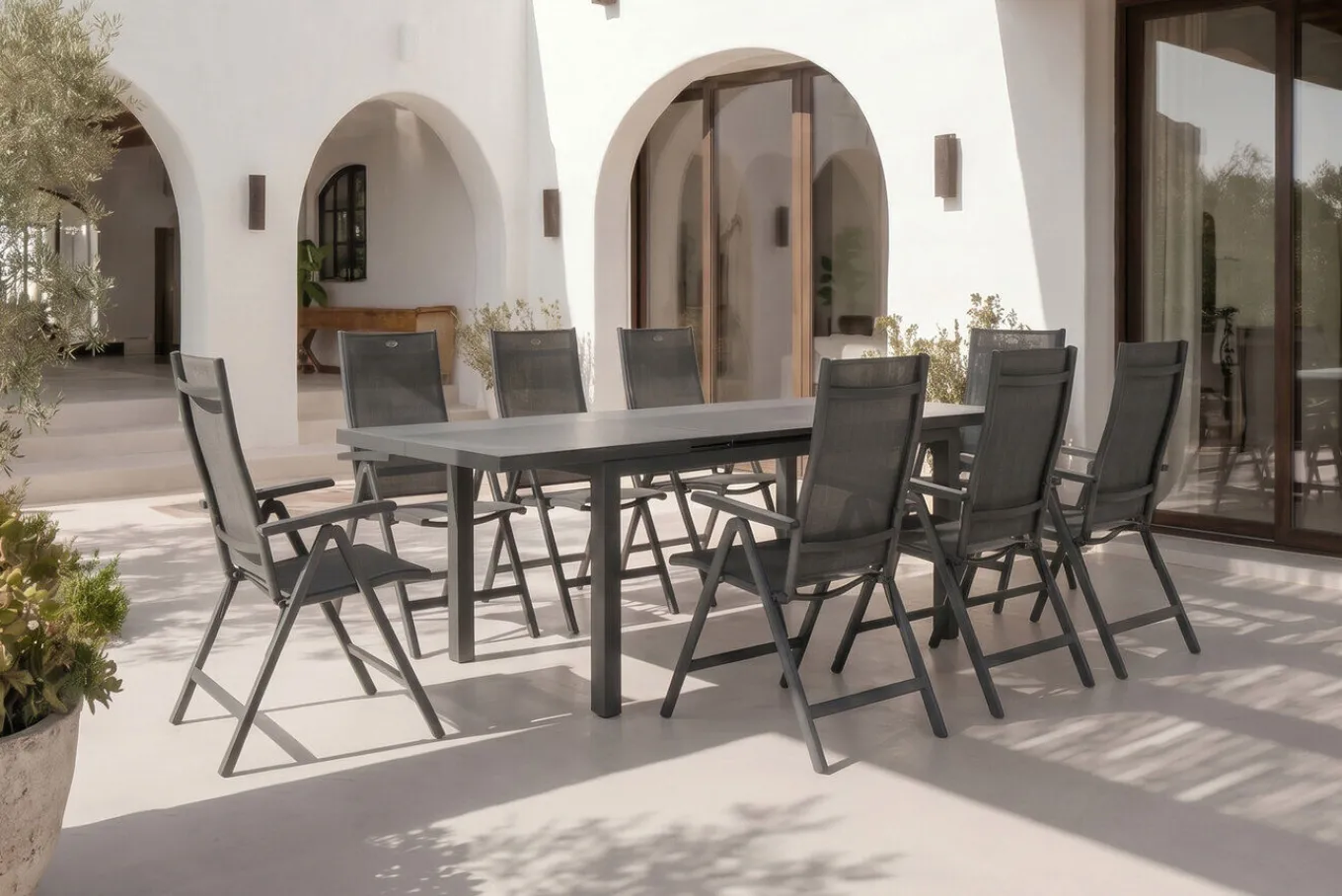 Clearance Alice Comfort Garten-Essgruppe, xerix, Alu/Textilene, Tisch 180/240x100cm, 8 Klappstühle Garten-Essgruppen