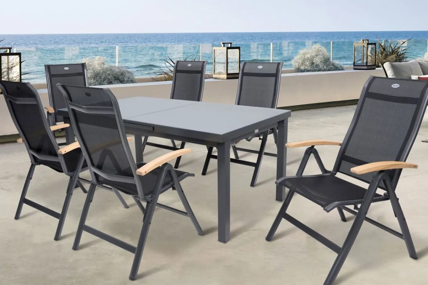 Outlet Alice Garten-Essgruppe, xerix, Alu/4x4 Textilen, Tisch 180/240x100cm, 6 Klappstühle Garten-Essgruppen