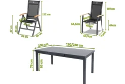 Discount Alice Garten-Essgruppe, xerix, Alu/4x4 Textilen, Tisch 180/240x100cm, 4 Stapel-, 2 Klappstühle Garten-Essgruppen|Aluminium-Gartenmöbel