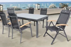 Discount Alice Garten-Essgruppe, xerix, Alu/4x4 Textilen, Tisch 180/240x100cm, 4 Stapel-, 2 Klappstühle Garten-Essgruppen|Aluminium-Gartenmöbel