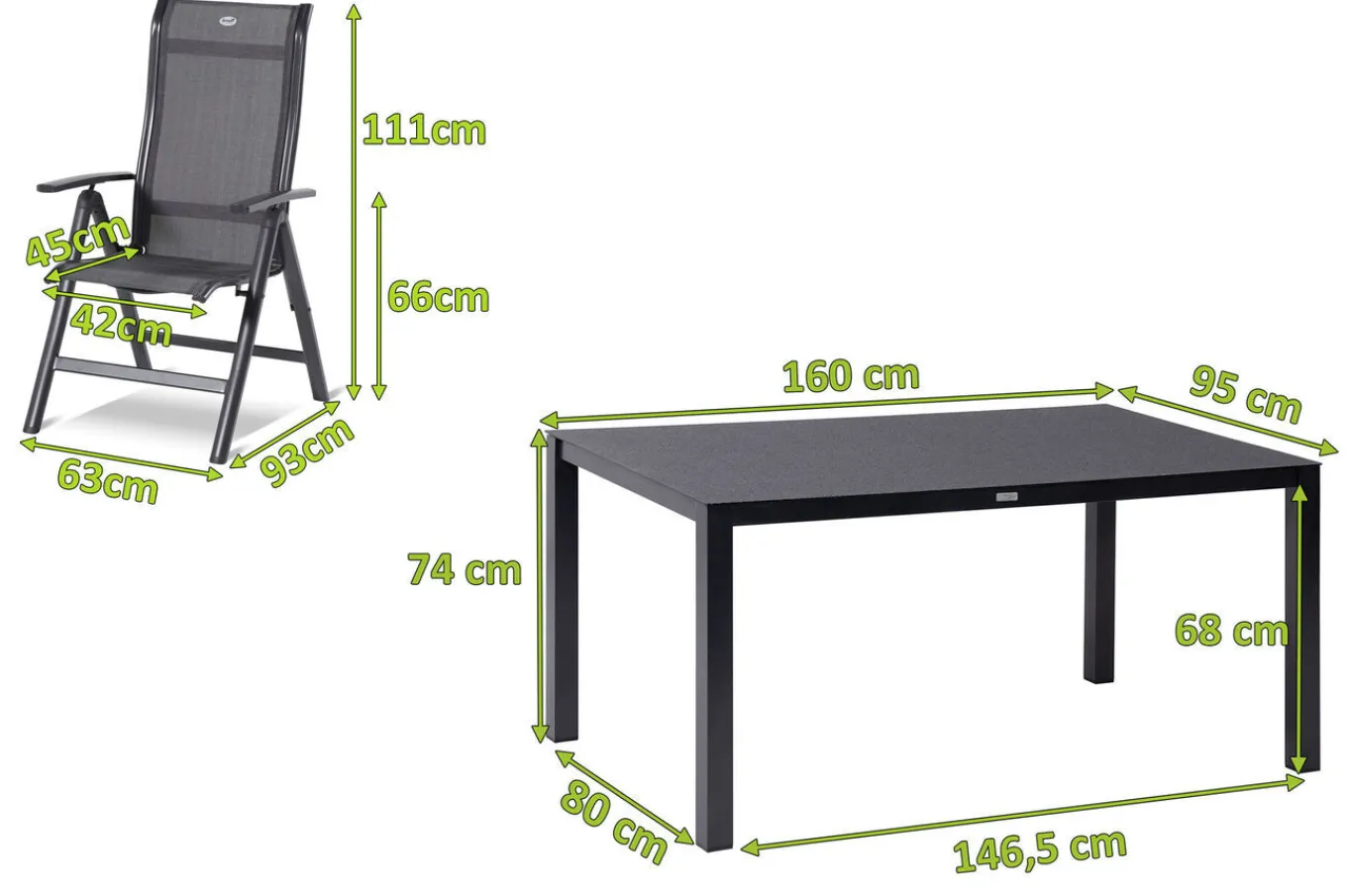 Sale Alice Garten-Essgruppe, xerix/anthrazit, Alu/Textil, 160 x 95 cm, 6 Klappstühle Garten-Essgruppen|Aluminium-Gartenmöbel