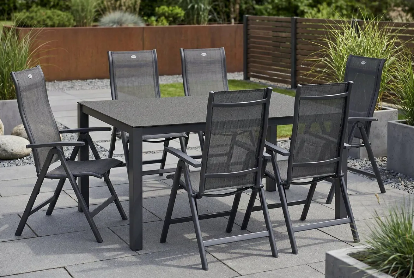 Sale Alice Garten-Essgruppe, xerix/anthrazit, Alu/Textil, 160 x 95 cm, 6 Klappstühle Garten-Essgruppen|Aluminium-Gartenmöbel