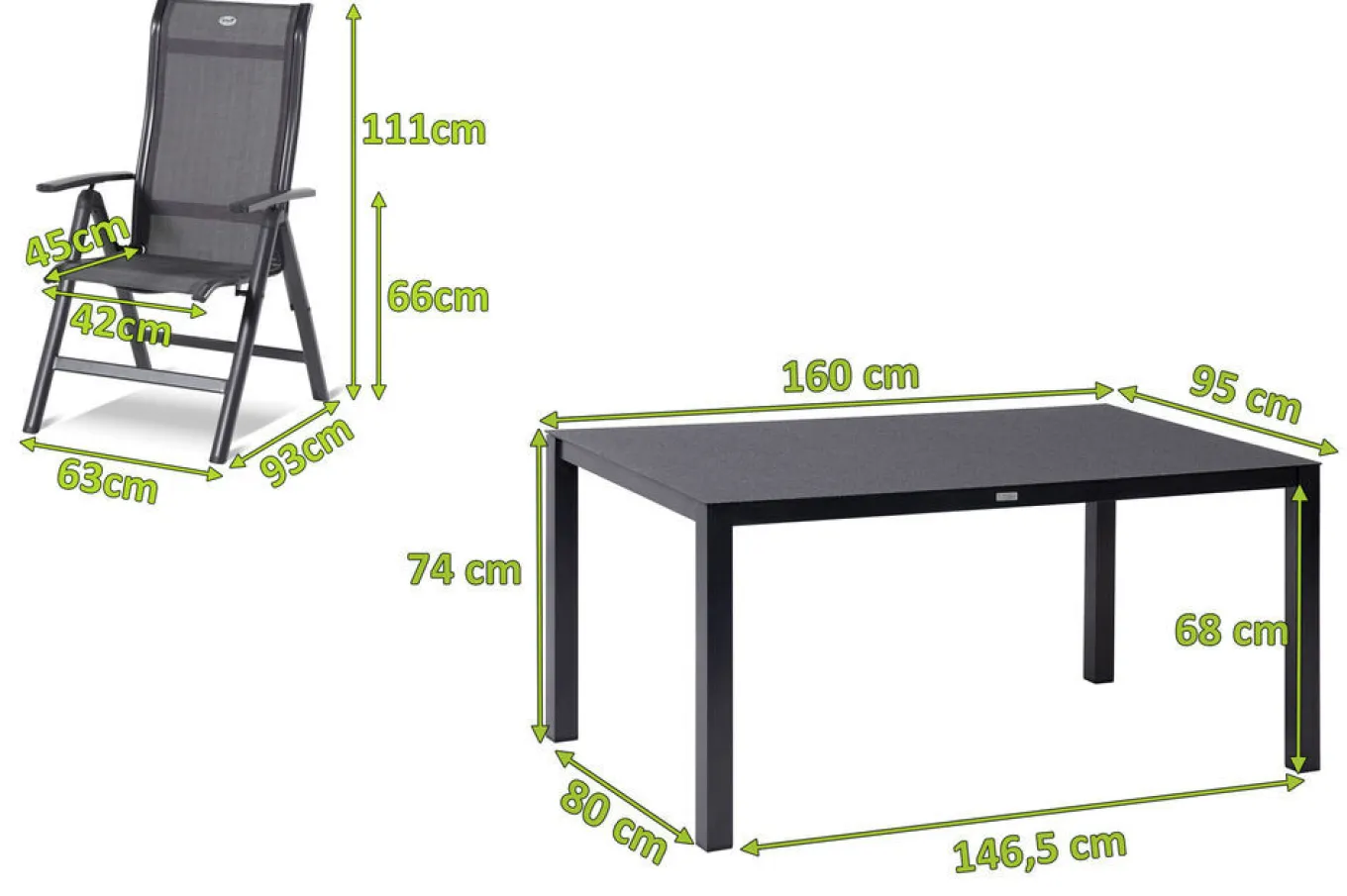 Sale Alice Garten-Essgruppe, xerix/anthrazit, Alu/Textil, 160 x 95 cm, 6 Klappstühle Garten-Essgruppen|Aluminium-Gartenmöbel