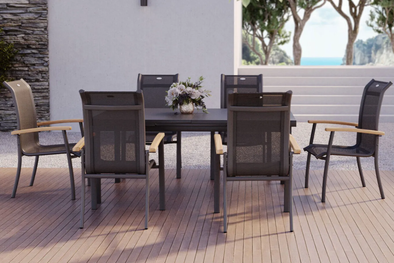 Best Alice Garten-Essgruppe, xerix, Alu/4x4 Textilen, Tisch 180/240x100cm, 6 Stapelsessel Garten-Essgruppen|Aluminium-Gartenmöbel