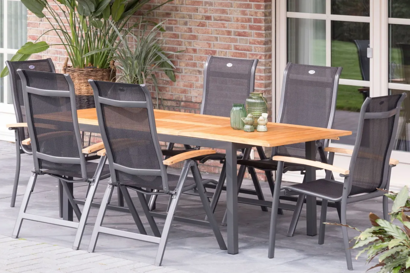 Online Alice Garten-Essgruppe, xerix/natur, Alu/Teak, 4x4 Textilen, 4 Klappstühle, 2 Stapelsessel, inkl. Ausziehtisch, 150/210x90cm Garten-Essgruppen|Aluminium-Gartenmöbel