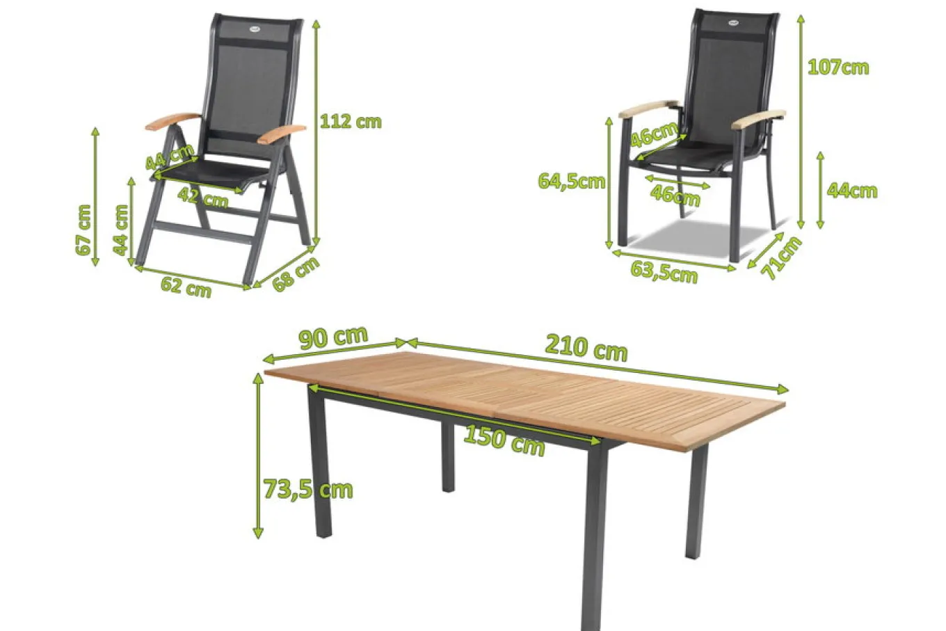 Online Alice Garten-Essgruppe, xerix/natur, Alu/Teak, 4x4 Textilen, 4 Klappstühle, 2 Stapelsessel, inkl. Ausziehtisch, 150/210x90cm Garten-Essgruppen|Aluminium-Gartenmöbel