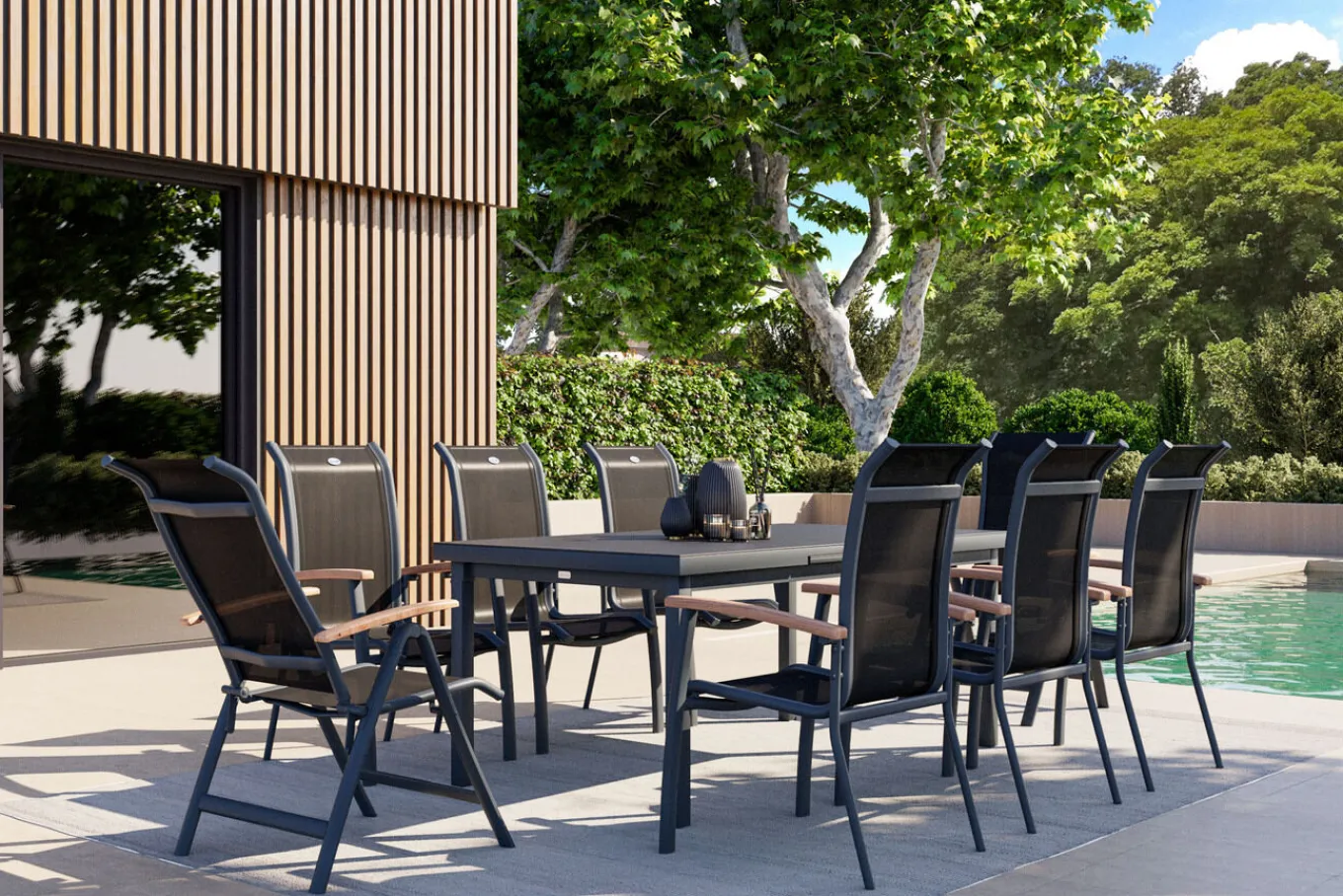 Sale Alice Garten-Essgruppe, xerix, Alu/4x4 Textilen, Tisch 180/240x100cm, 6 Stapel-, 2 Klappstühle Garten-Essgruppen