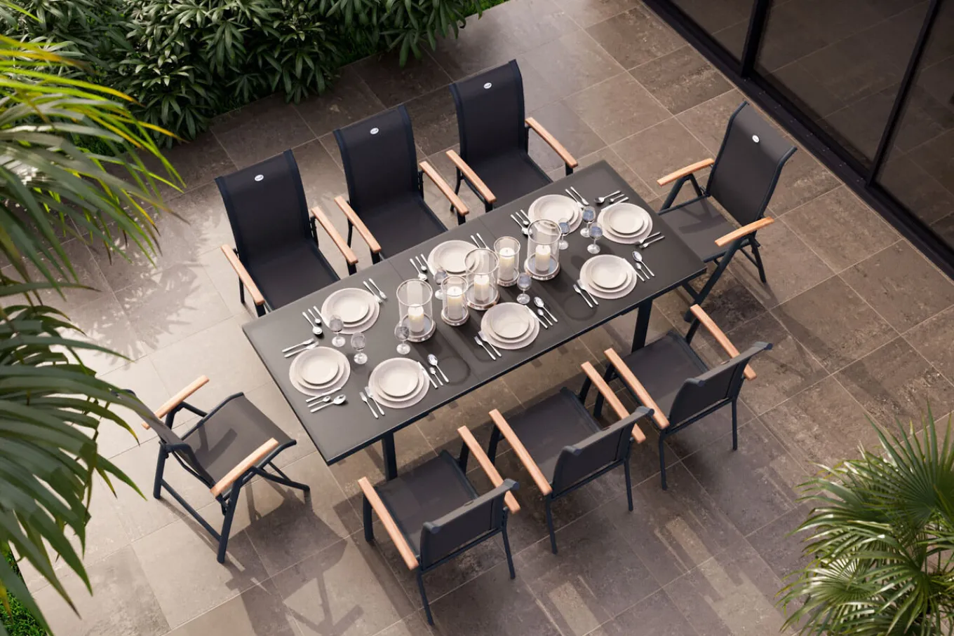 Sale Alice Garten-Essgruppe, xerix, Alu/4x4 Textilen, Tisch 180/240x100cm, 6 Stapel-, 2 Klappstühle Garten-Essgruppen