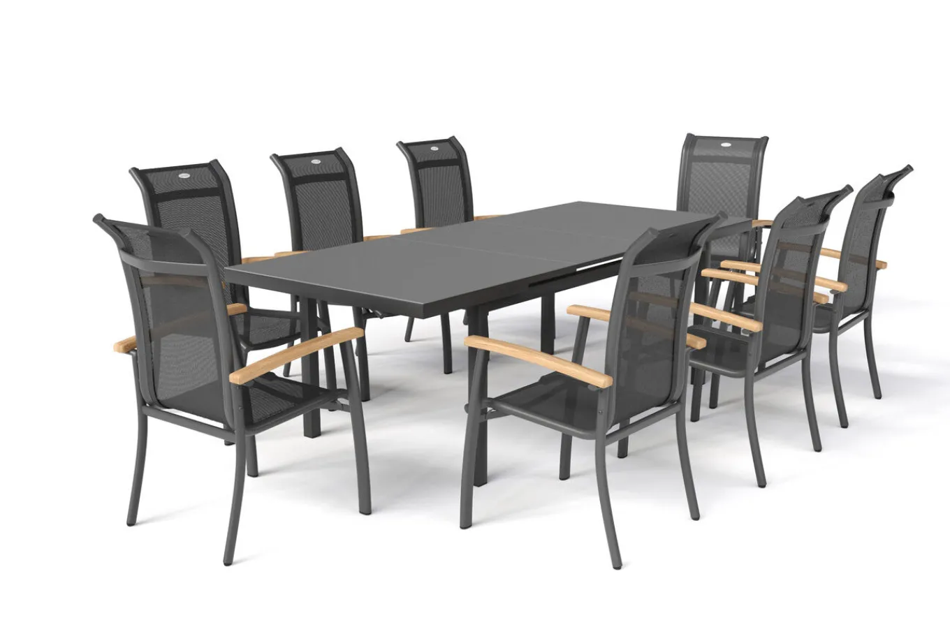 Hot Alice Garten-Essgruppe, xerix, Alu/4x4 Textilen, Tisch 180/240x100cm, 8 Stapelsessel Garten-Essgruppen