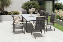 Hot Alice Garten-Essgruppe, xerix, Alu/4x4 Textilen, Tisch 180/240x100cm, 8 Stapelsessel Garten-Essgruppen