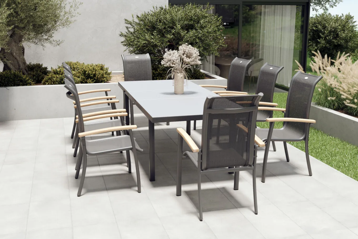 Hot Alice Garten-Essgruppe, xerix, Alu/4x4 Textilen, Tisch 180/240x100cm, 8 Stapelsessel Garten-Essgruppen