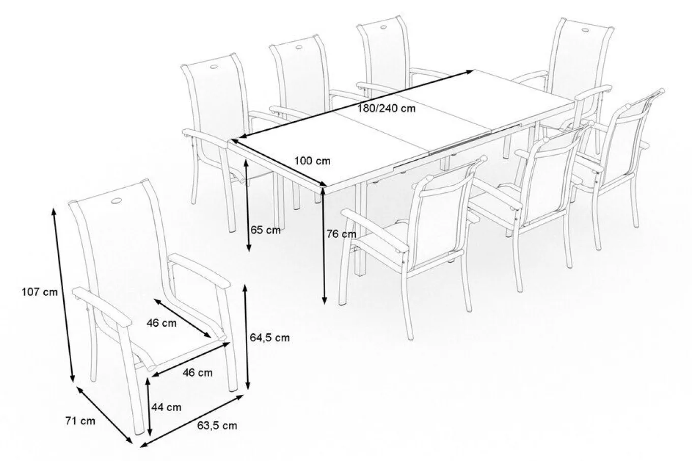 Hot Alice Garten-Essgruppe, xerix, Alu/4x4 Textilen, Tisch 180/240x100cm, 8 Stapelsessel Garten-Essgruppen