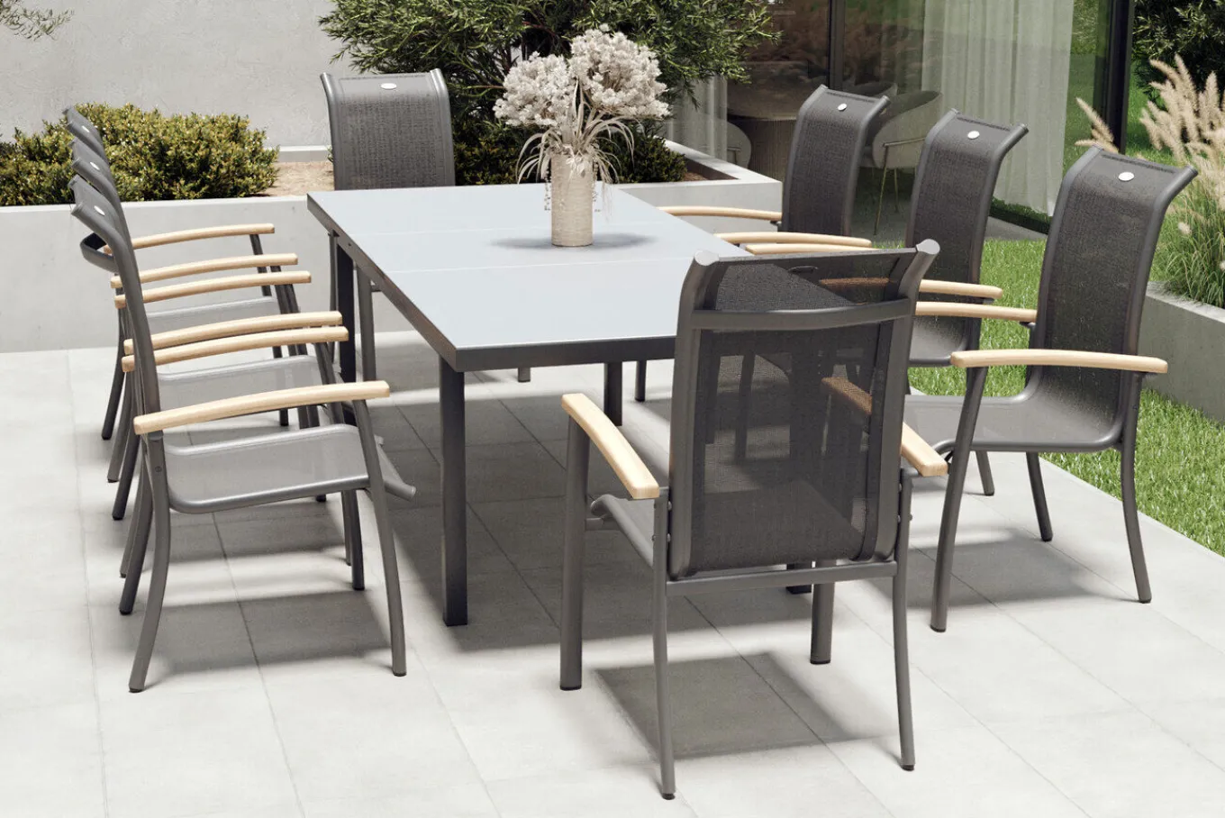 Hot Alice Garten-Essgruppe, xerix, Alu/4x4 Textilen, Tisch 180/240x100cm, 8 Stapelsessel Garten-Essgruppen