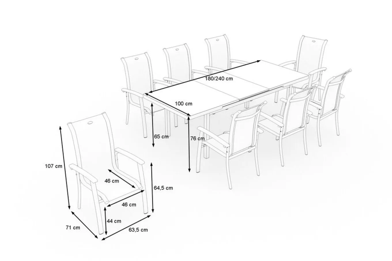 Hot Alice Garten-Essgruppe, xerix, Alu/4x4 Textilen, Tisch 180/240x100cm, 8 Stapelsessel Garten-Essgruppen