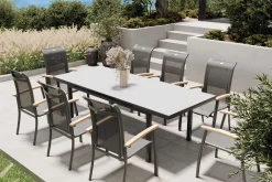 Hot Alice Garten-Essgruppe, xerix, Alu/4x4 Textilen, Tisch 180/240x100cm, 8 Stapelsessel Garten-Essgruppen