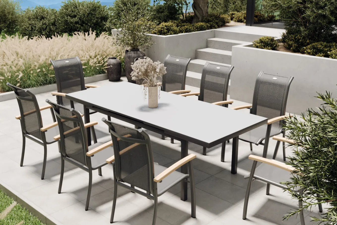 Hot Alice Garten-Essgruppe, xerix, Alu/4x4 Textilen, Tisch 180/240x100cm, 8 Stapelsessel Garten-Essgruppen