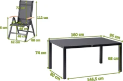 Hot Alice Garten-Essgruppe, xerix/anthrazit, Alu/Spraystone/Teak/2x2 Textilen, 160x95 cm, 4 Klappstühle, Teak Armlehnen Garten-Essgruppen