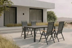 Hot Alice Garten-Essgruppe, xerix/anthrazit, Alu/Spraystone/Teak/2x2 Textilen, 160x95 cm, 4 Klappstühle, Teak Armlehnen Garten-Essgruppen