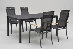 New Alice Garten-Essgruppe, xerix, Alu/Spraystone/Teak/4x4 Textilen, 160x95 cm, 4 Stapelsessel Garten-Essgruppen