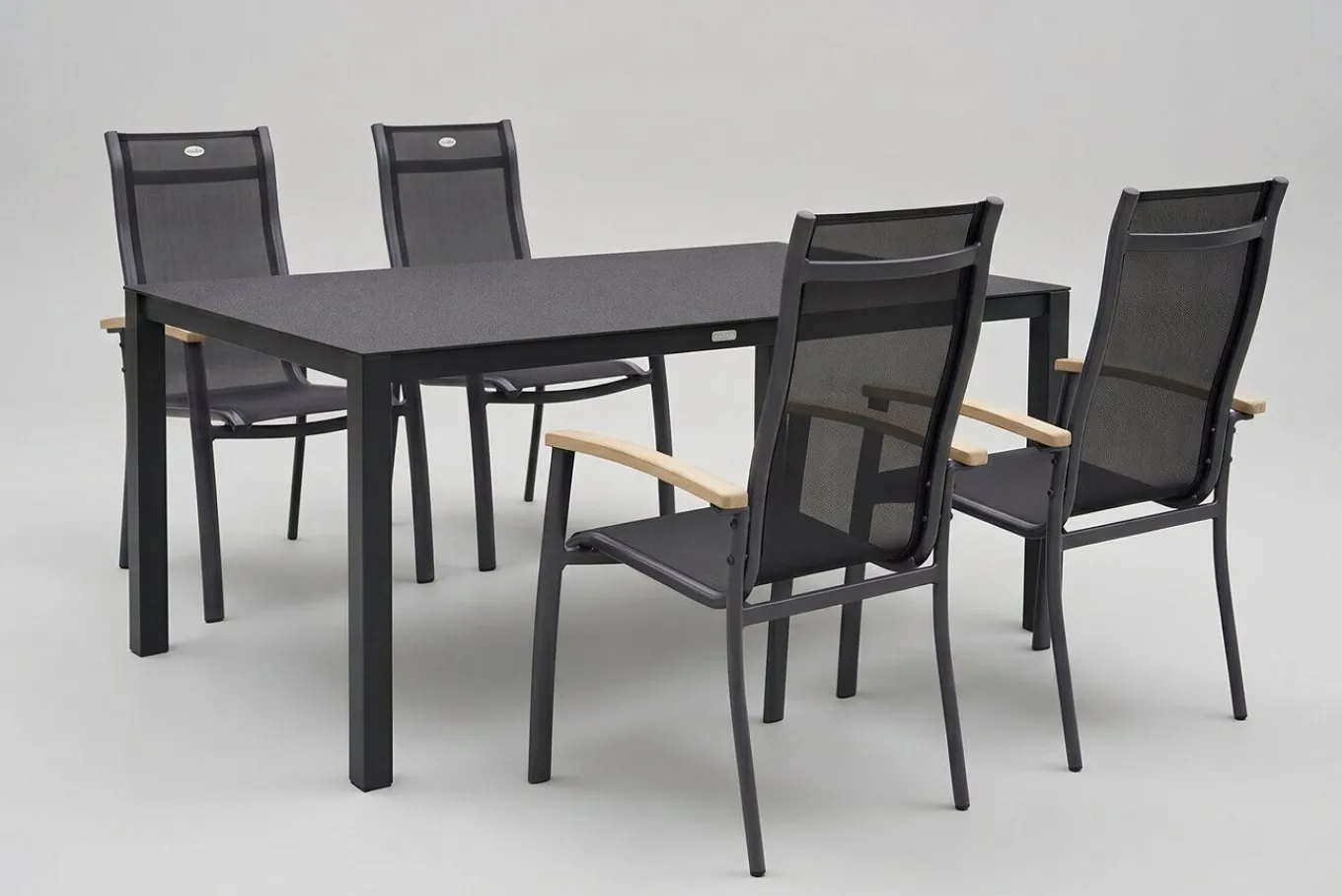 New Alice Garten-Essgruppe, xerix, Alu/Spraystone/Teak/4x4 Textilen, 160x95 cm, 4 Stapelsessel Garten-Essgruppen